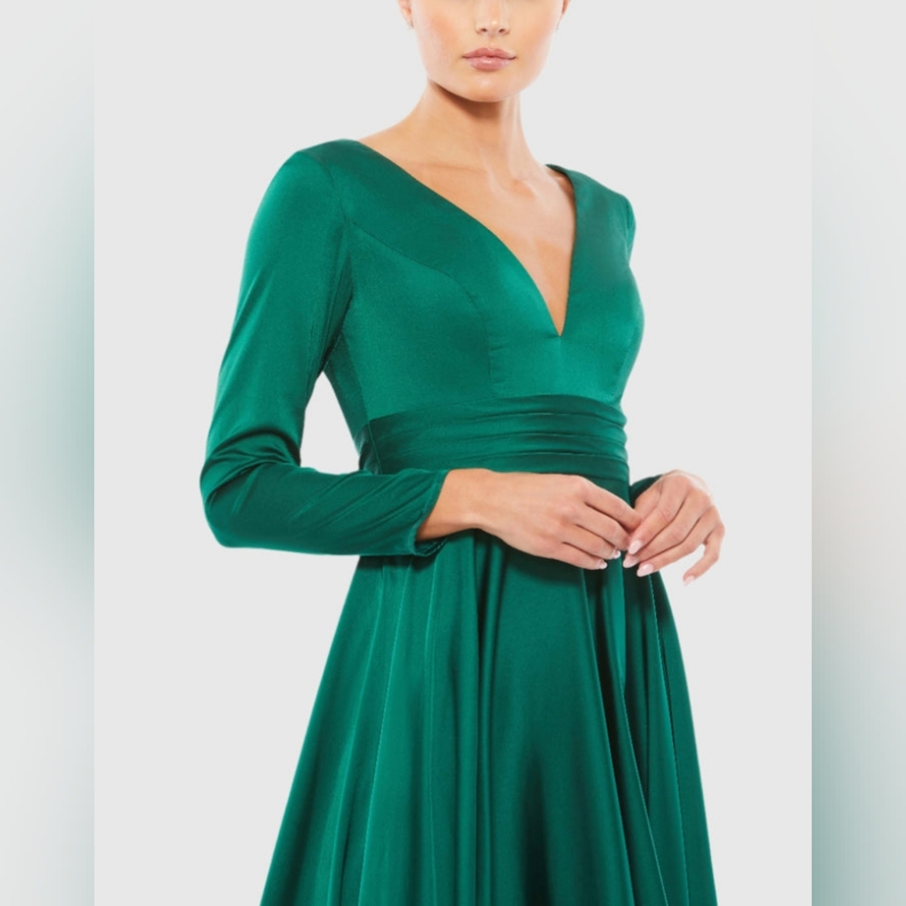 Ieena for Mac DuggalPlunge Neck Satin A-Line Dress - Picture 2 of 5
